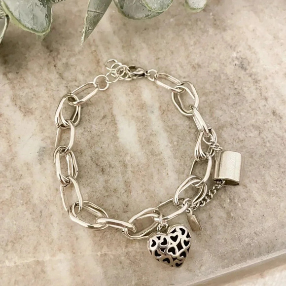 925 Sterling Silver Heart Link Bracelet Chunky Statement Bracelet Heart Charm - Picture 7 of 10